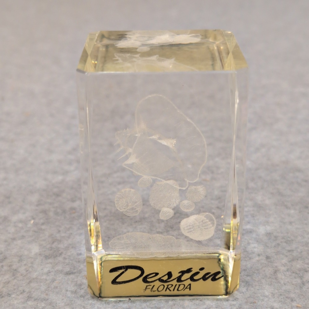 Destin Florida 3D Laser Etched Seashell Acrylic Paperweight Gold Base Souvenir - Picture 1 of 3